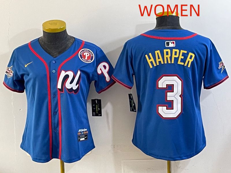Women 2025 Philadelphia Phillies 3 Harper Blue All star Nike MLB Jersey style 01